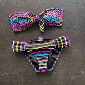 Victoria Secrets, strapless, tie front, bandeau, bikini top, multicolor, leopard